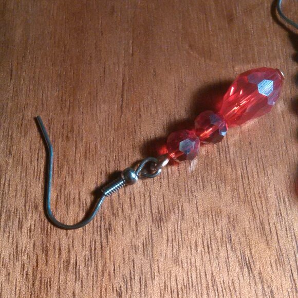 Beveled Red Glass Three Stone Silvertone and Stainless Steel Dangle Earrings - Picture 6 of 11